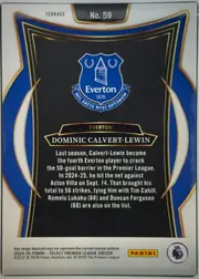 Back of 2024-25 Panini Select Premier League Soccer Dominic Calvert-Lewin #59 Terrace, portrait-oriented back with a white outer margin and ornate blue, black, gold, and white framing. A black central panel contains the Everton crest…