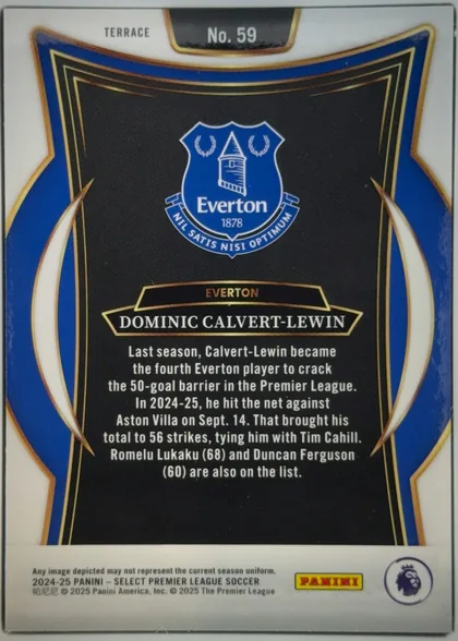 Back of 2024-25 Panini Select Premier League Soccer Dominic Calvert-Lewin #59 Terrace, portrait-oriented back with a white outer margin and ornate blue, black, gold, and white framing. A black central panel contains the Everton crest…