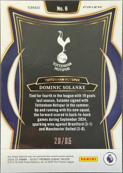 Back of 2024-25 Panini Select Premier League Soccer Dominic Solanke #6 /85 serial-numbered Prizm tier, serial numbered 28/85, upright portrait-oriented card back. A white header contains TERRACE at upper left, No. 6 in a black-and-gold plaque at upper center, and PRIZM at…