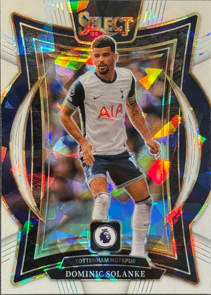 Front of 2024-25 Panini Select Premier League Soccer Dominic Solanke #6 /85 serial-numbered Prizm tier, serial numbered 28/85, upright portrait soccer card front. SELECT appears in a black plaque at the top with 24 25 beneath it. Dominic Solanke is shown full-body in a white…