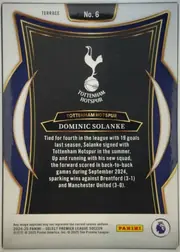 Back of 2024-25 Panini Select Premier League Soccer Dominic Solanke #6, upright portrait-oriented card back. A white outer border surrounds a navy, gold, and black ornamental frame. The Tottenham Hotspur crest is…
