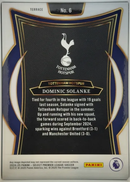 Back of 2024-25 Panini Select Premier League Soccer Dominic Solanke #6, upright portrait-oriented card back. A white outer border surrounds a navy, gold, and black ornamental frame. The Tottenham Hotspur crest is…
