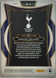 Back of 2024-25 Panini Select Premier League Soccer Dominic Solanke #6 White Ice Prizm /85, upright portrait-oriented card back. A white border surrounds a dark blue and gold decorative frame with a large black central text panel. The upper…