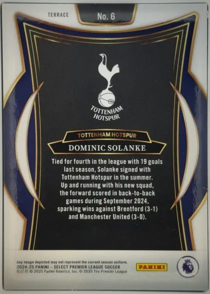 Back of 2024-25 Panini Select Premier League Soccer Dominic Solanke #6 White Ice Prizm /85, upright portrait-oriented card back. A white border surrounds a dark blue and gold decorative frame with a large black central text panel. The upper…