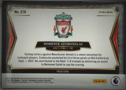 Back of 2024-25 Panini Select Premier League Soccer Dominik Szoboszlai #219 Field Level, landscape-oriented card back with a predominantly white central field. The Liverpool crest is centered near the top, with the player name in large…