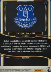Back of 2024-25 Panini Select Premier League Soccer Dwight McNeil Mezzanine, portrait-oriented black card back with ornate cream, gold, and copper framing. A large blue-and-white Everton crest occupies the upper center…