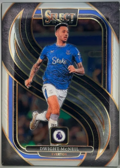 Front of 2024-25 Panini Select Premier League Soccer Dwight McNeil Mezzanine, portrait soccer card front. A player in an Everton blue kit is shown running against a dark background with sweeping black, blue, gold, and silver…