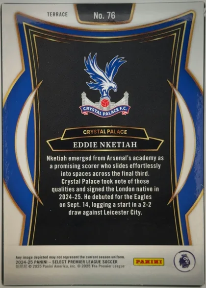 Back of 2024-25 Panini Select Premier League Soccer Eddie Nketiah #76 Base Terrace, upright portrait-format card back. The top white margin shows the subset label TERRACE and card number No. 76. A large black central panel is framed…