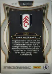 Back of 2024-25 Panini Select Premier League Soccer EMILE SMITH ROWE #21 Terrace, upright portrait-oriented card back. A white border surrounds a black central field with gray and gold sweeping ornamental bands. The Premier League…