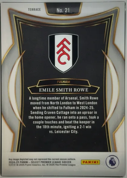 Back of 2024-25 Panini Select Premier League Soccer EMILE SMITH ROWE #21 Terrace, upright portrait-oriented card back. A white border surrounds a black central field with gray and gold sweeping ornamental bands. The Premier League…