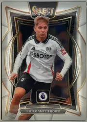 Front of 2024-25 Panini Select Premier League Soccer EMILE SMITH ROWE #21 Terrace, upright portrait soccer card. A full-body image of Emile Smith Rowe in a white Fulham kit occupies the center. The top has a large SELECT logo with…