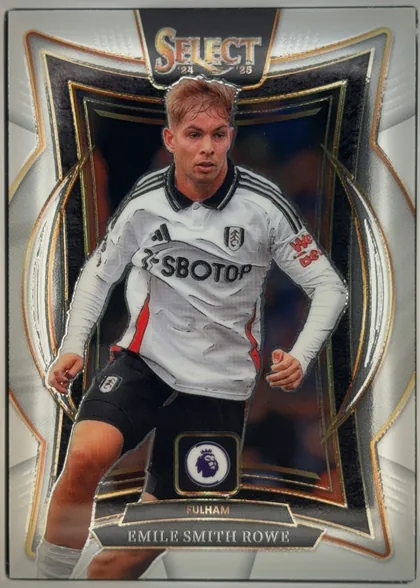 Front of 2024-25 Panini Select Premier League Soccer EMILE SMITH ROWE #21 Terrace, upright portrait soccer card. A full-body image of Emile Smith Rowe in a white Fulham kit occupies the center. The top has a large SELECT logo with…