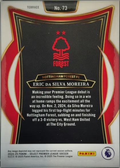 Back of 2024-25 Panini Select Premier League Soccer Eric Da Silva Moreira #73 Terrace, portrait-format card back. A white border surrounds a symmetrical red, black, and gold decorative design. The upper center contains a black-and-gold…