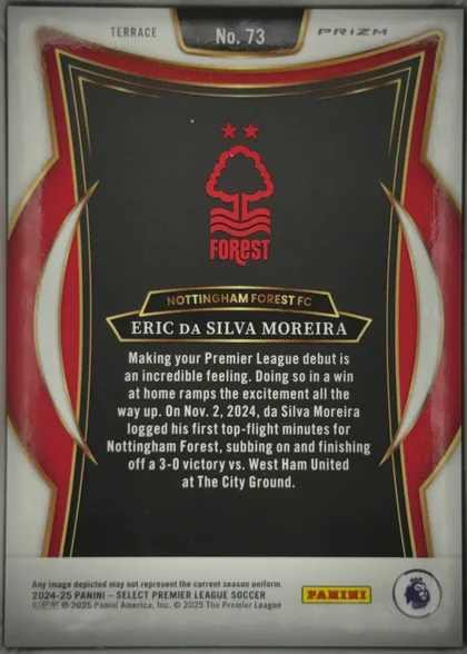 Back of 2024-25 Panini Select Premier League Soccer Eric Da Silva Moreira #73 Terrace Prizm, upright portrait-format card back. A white border surrounds a symmetrical red, black, and gold decorative frame. The upper center shows "No. 73,"…
