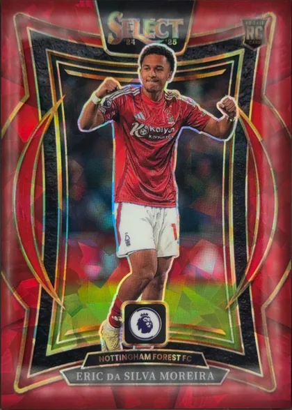 Front of 2024-25 Panini Select Premier League Soccer Eric Da Silva Moreira #73 Terrace Prizm, front of a portrait soccer card. A player in a red Nottingham Forest jersey and white shorts is pictured centrally in an action pose. The Select…