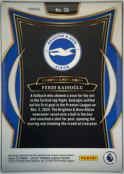 Back of 2024-25 Panini Select Premier League Soccer Ferdi Kadioglu #36 Terrace, upright portrait-format card back. A white top and bottom border surrounds an ornate blue, black, white, and gold design. The top has TERRACE at…