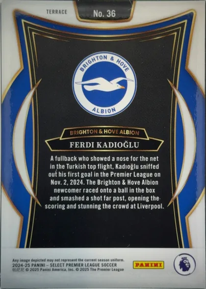 Back of 2024-25 Panini Select Premier League Soccer Ferdi Kadıoğlu #36 Terrace, upright portrait-oriented card back. The top has a white band labeled TERRACE and a centered black plaque reading No. 36. A large Brighton & Hove…