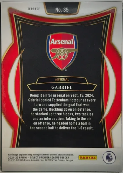 Back of 2024-25 Panini Select Premier League Soccer Gabriel #35 Base, upright landscape-style back presented in a portrait card frame. The top has the subset label TERRACE and card number NO. 35. A large Arsenal crest…