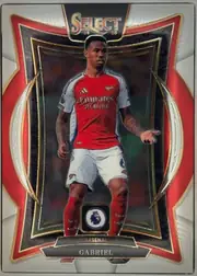 Front of 2024-25 Panini Select Premier League Soccer Gabriel #35 Base, upright portrait soccer card. A player in an Arsenal red-and-white kit is centered in a dark framed image. The top has a large SELECT logo with “24…