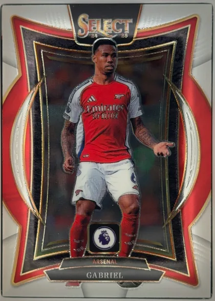 Front of 2024-25 Panini Select Premier League Soccer Gabriel #35 Base, upright portrait soccer card. A player in an Arsenal red-and-white kit is centered in a dark framed image. The top has a large SELECT logo with “24…