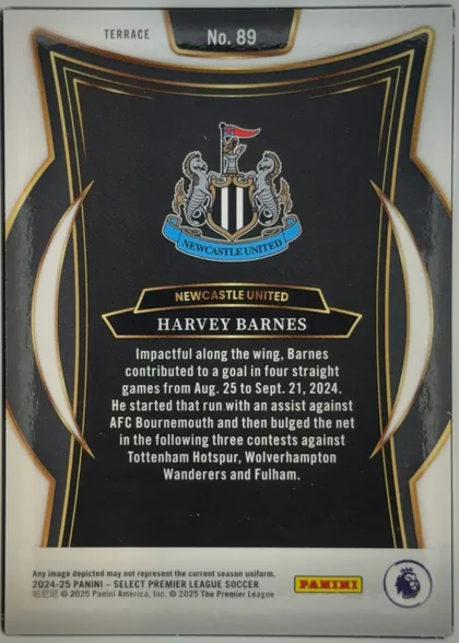 Back of 2024-25 Panini Select Premier League Soccer Harvey Barnes #89, upright portrait-oriented card back. A white border surrounds a black panel framed by thin gold lines and curved gold-and-white decorative elements…