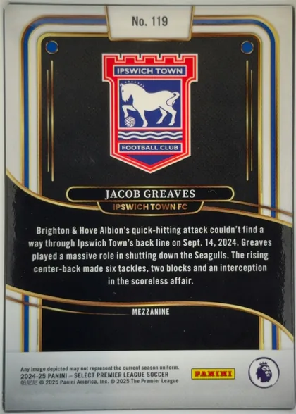 Back of 2024-25 Panini Select Premier League Soccer JACOB GREAVES #119 Mezzanine, upright portrait card back. A white top tab carries the card number No. 119. The upper black panel features the Ipswich Town crest, followed by a…