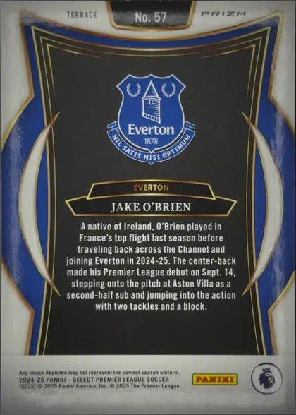 Back of 2024-25 Panini Select Premier League Soccer Jake O'Brien #57 Rookie Card, portrait-oriented card back. A white margin surrounds an ornate black central panel bordered by gold lines, with royal-blue curved side sections and…