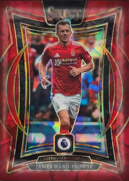 Front of 2024-25 Panini Select Premier League Soccer James Ward-Prowse #72 Terrace Prizm, upright portrait soccer card front. A player in a red Nottingham Forest kit and white shorts runs toward the viewer in the center. The background is…
