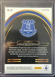Back of 2024-25 Panini Select Premier League Soccer Jarrad Branthwaite #12 Select Future Prizm, landscape-oriented card back with a white top and bottom border surrounding a black central panel. The top-left shows "No. 12" and the top-right…