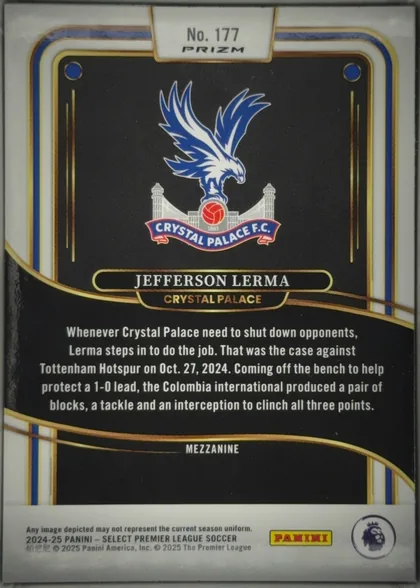 Back of 2024-25 Panini Select Premier League Soccer Jefferson Lerma #177 Mezzanine, upright portrait-oriented card back. A white top tab with gold edging displays "No. 177" and "PRIZM". The central black panel features the Crystal…