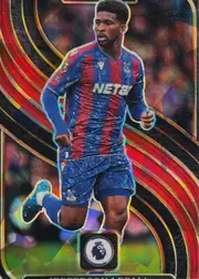 Front of 2024-25 Panini Select Premier League Soccer Jefferson Lerma #177 Mezzanine, front of a portrait soccer card. A Crystal Palace player in a blue-and-red vertically striped kit with the sponsor text across the chest is shown…