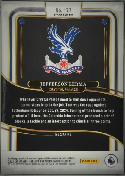 Back of 2024-25 Panini Select Premier League Soccer Jefferson Lerma #177 Mezzanine Prizm, upright portrait-format card back. A white top tab contains the centered card number "No. 177" and the word "PRIZM." The main black field features…