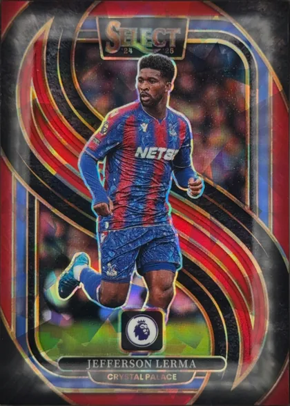 Front of 2024-25 Panini Select Premier League Soccer Jefferson Lerma #177 Mezzanine Prizm, front of a portrait soccer card. A full-body image of Jefferson Lerma in a blue-and-red Crystal Palace kit occupies the center. Curving red, black…