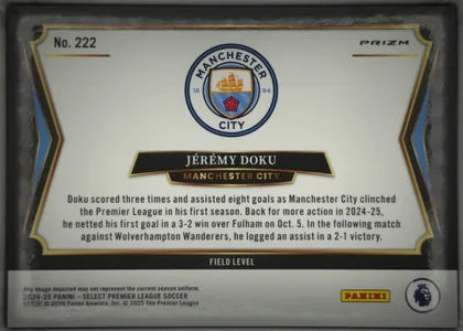 Back of 2024-25 Panini Select Premier League Soccer JÉRÉMY DOKU #222 Field Level Prizm, landscape-oriented card back. A large white panel is framed by a black-and-gold decorative border with blue geometric accents at both sides. The…