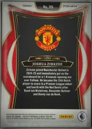 Back of 2024-25 Panini Select Premier League Soccer Joshua Zirkzee #99 Terrace Prizm, upright portrait-format card back. A white top band contains TERRACE at left, No. 99 centered in a black-and-gold plaque, and PRIZM at right. The…