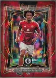 Front of 2024-25 Panini Select Premier League Soccer Joshua Zirkzee #99 Terrace Prizm, front-facing portrait soccer card. The SELECT logo and printed 24/25 appear at the top. Joshua Zirkzee is shown running in a red Manchester United…
