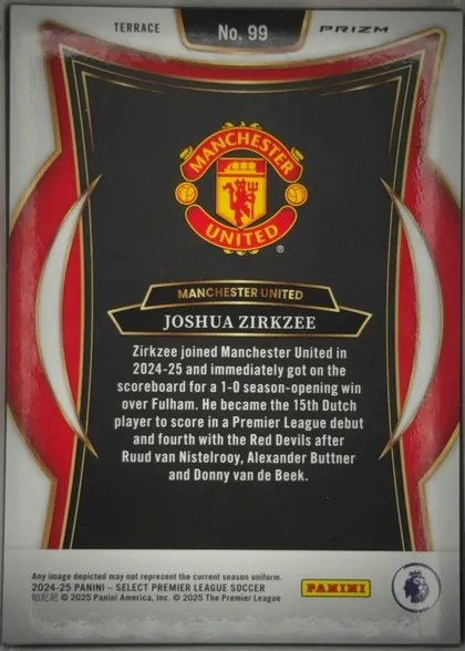 Back of 2024-25 Panini Select Premier League Soccer Joshua Zirkzee #99 Terrace Prizm, upright landscape-oriented card back with a white border and ornate red, black, gold, and white frame. A Manchester United crest is centered near…