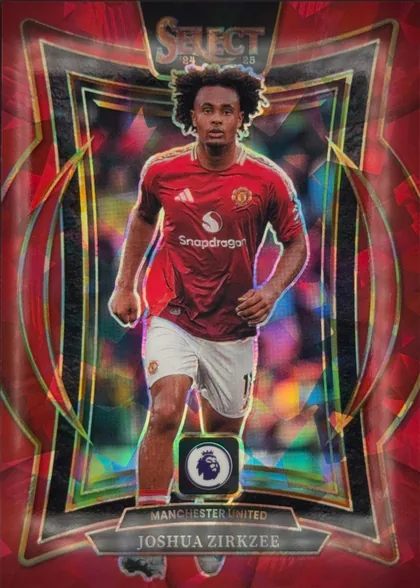 Front of 2024-25 Panini Select Premier League Soccer Joshua Zirkzee #99 Terrace Prizm, upright portrait card featuring Joshua Zirkzee in a red Manchester United kit running toward the viewer. SELECT is printed prominently at the top…