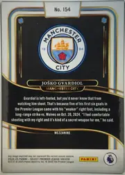 Back of 2024-25 Panini Select Premier League Soccer JOŠKO GVARDIOL #154 Mezzanine, upright portrait-format card back. A black central panel contains the Manchester City crest near the upper center, with JOŠKO GVARDIOL in a bordered…