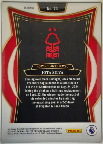 Back of 2024-25 Panini Select Premier League Soccer JOTA SILVA #74 Base, upright portrait-format card back. A white outer border surrounds a bold red, black, gold, and white ornamental frame. The upper center shows the…