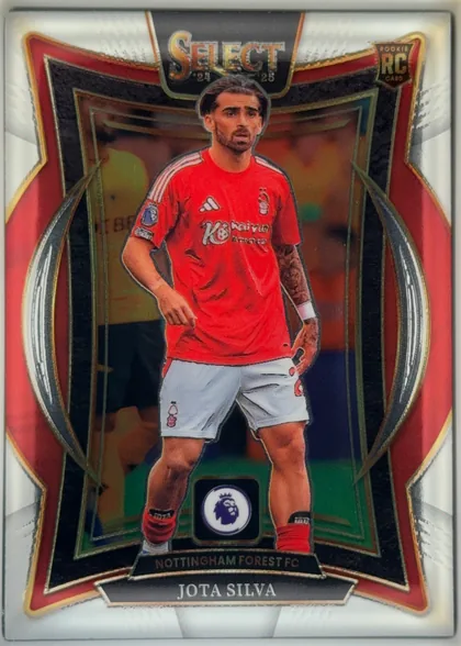 Front of 2024-25 Panini Select Premier League Soccer JOTA SILVA #74 Base, portrait-oriented soccer card front. A large SELECT logo is centered at the top with "24 25" beneath it, and a gold-and-black rookie RC CARD badge…