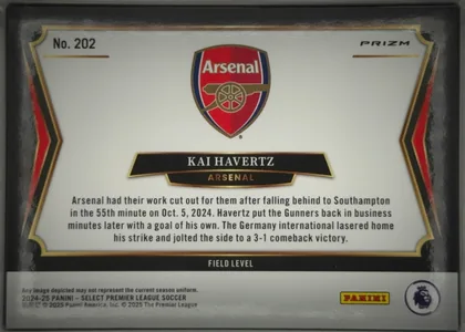 Back of 2024-25 Panini Select Premier League Soccer Kai Havertz #202 Field Level, upright landscape-format card back. A large Arsenal crest is centered near the top. The player name KAI HAVERTZ appears in white uppercase lettering…
