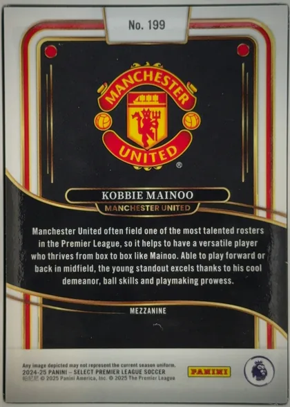 Back of 2024-25 Panini Select Premier League Soccer Kobbie Mainoo #199 Mezzanine, landscape-oriented card back with a white border and ornate red, gold, black, and cream framing. The Manchester United crest occupies the upper…