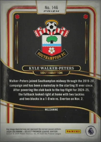 Back of 2024-25 Panini Select Premier League Soccer Kyle Walker-Peters #146 Mezzanine Prizm, upright portrait-oriented card back. A black central panel is surrounded by a white margin with red and gold striping and thin gold framing. The…