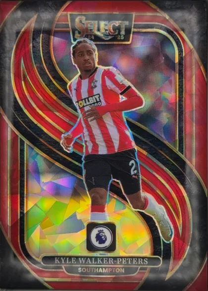 Front of 2024-25 Panini Select Premier League Soccer Kyle Walker-Peters #146 Mezzanine Prizm, upright portrait soccer card. The SELECT logo is centered at the top with 24 25 season markings beneath it. Kyle Walker-Peters is shown running in a…