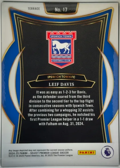 Back of 2024-25 Panini Select Premier League Soccer Leif Davis #17 Terrace, upright portrait-format card back. A white border surrounds a blue, gold-trimmed and black central design. The top has the subset label TERRACE and…
