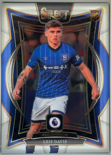 Front of 2024-25 Panini Select Premier League Soccer Leif Davis #17 Terrace, upright portrait soccer card. The top center has a large SELECT logo with 24-25 beneath it, and the upper-right corner has a ROOKIE RC CARD badge. A…