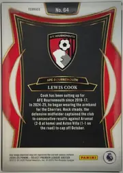 Back of 2024-25 Panini Select Premier League Soccer Lewis Cook #64 Terrace, portrait-oriented card back. A white top band contains the word TERRACE and the card number No. 64. The center is a black panel framed by thin gold…