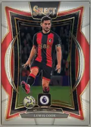 Front of 2024-25 Panini Select Premier League Soccer Lewis Cook #64 Terrace, upright portrait soccer card featuring Lewis Cook in an AFC Bournemouth red-and-black kit, shown running with a ball. The top has a large SELECT…