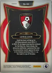 Back of 2024-25 Panini Select Premier League Soccer Lewis Cook #64 Terrace Base, upright portrait-oriented card back. A white top and bottom border frame an ornate red, black, cream, and gold design. The top center has a black…
